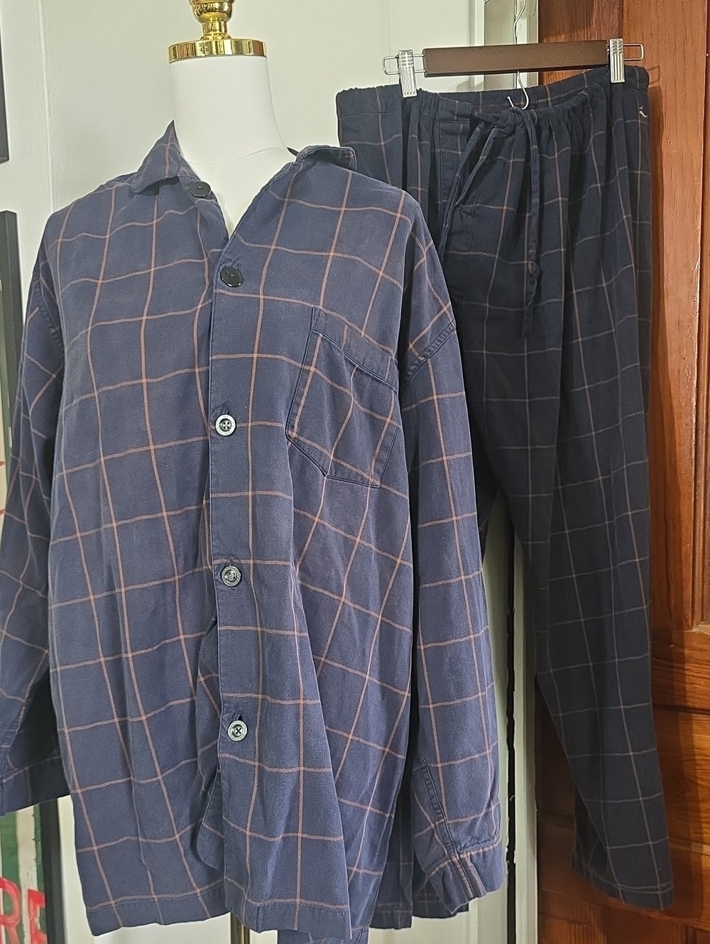Brooks Brothers Navy Blue Windowpane Plaid Pajamas Set Xl